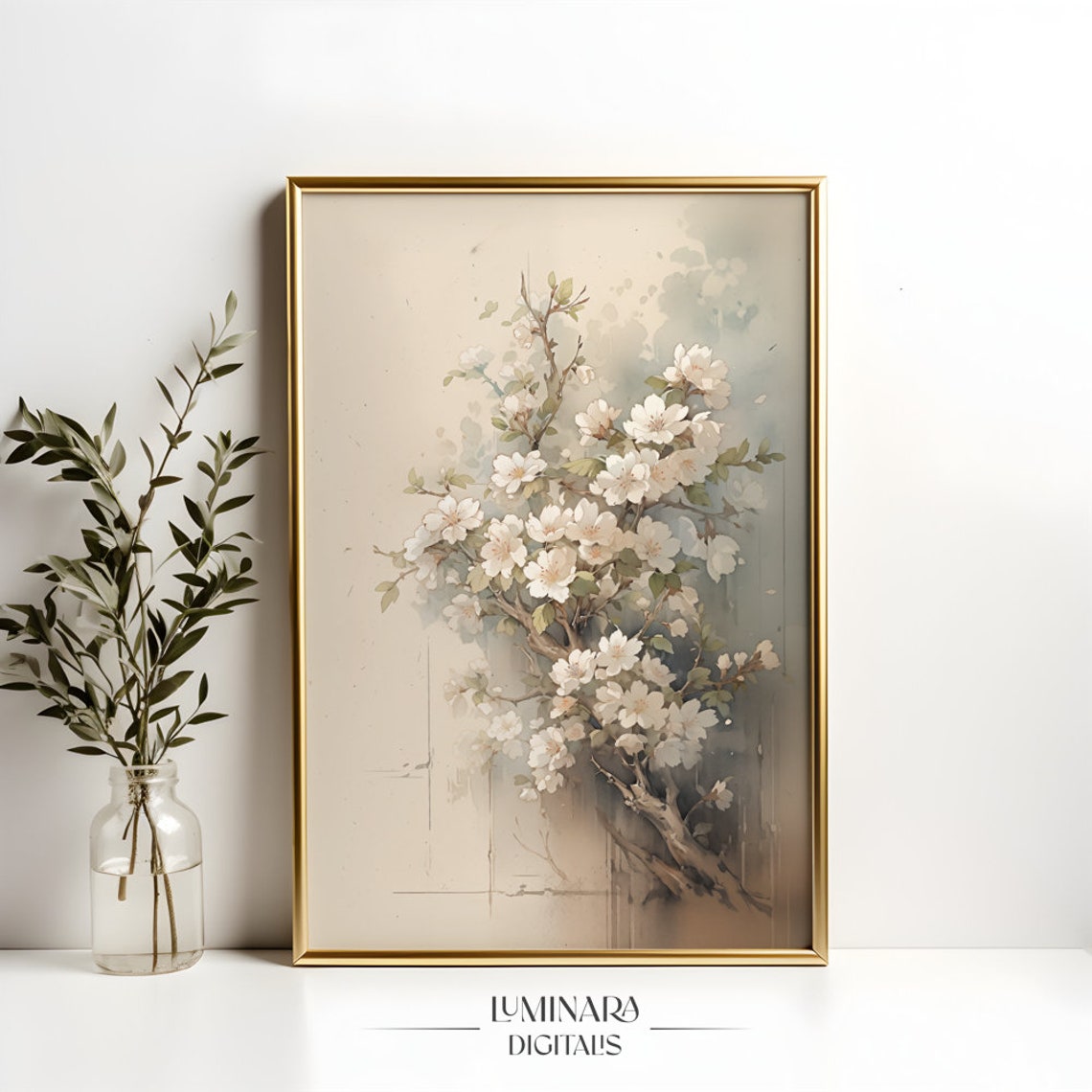 Delicate White Cherry Blossom Branch Watercolor Botanical Print - Image 4