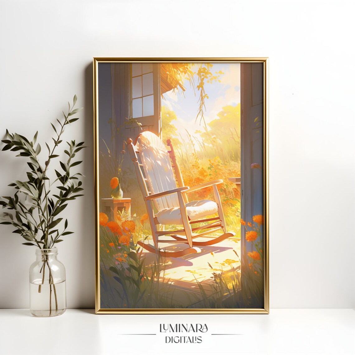 Sunlit Porch Rocking Chair Autumn Flowers Cozy Watercolor Poster - Image 4