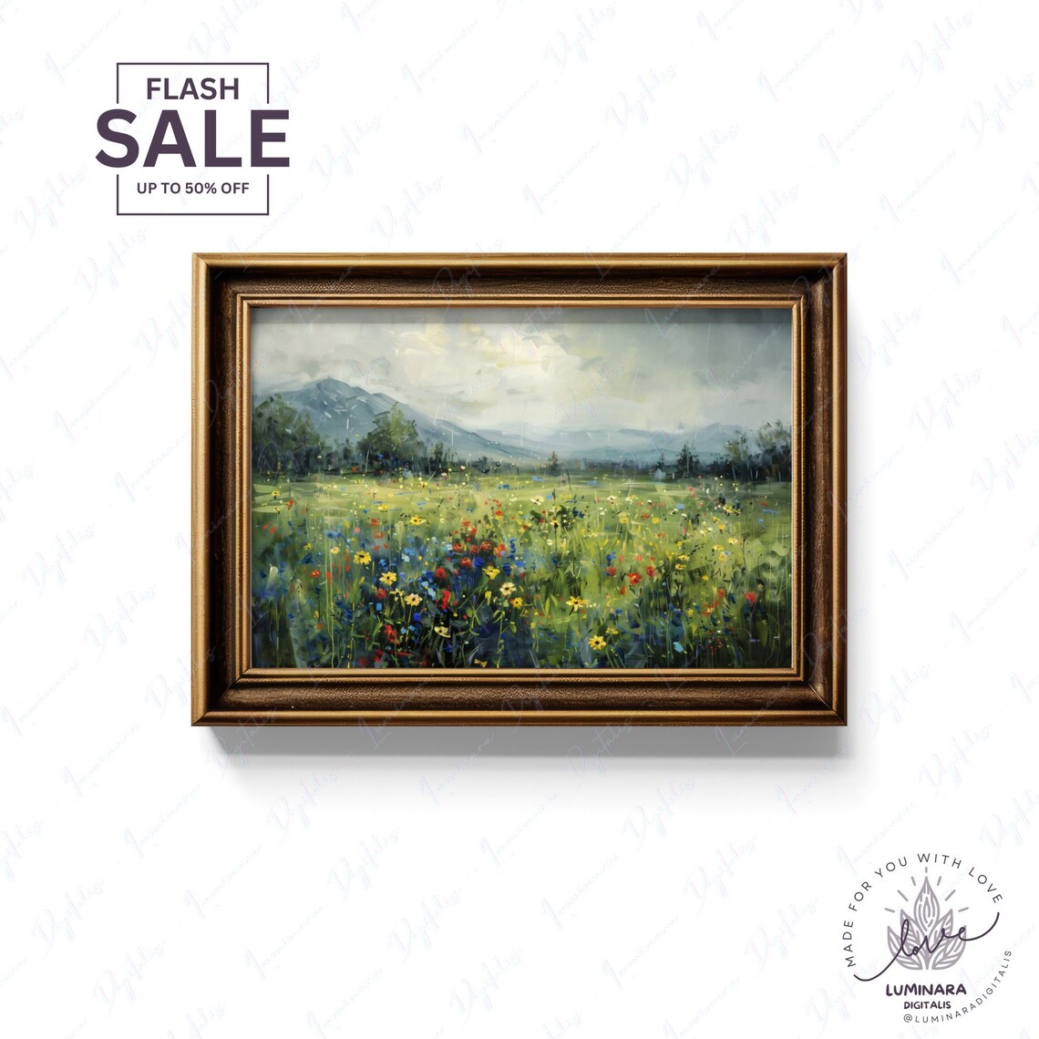 Rainy Meadow Of Wildflowers Beneath Misty Mountains Art Print - Image 2