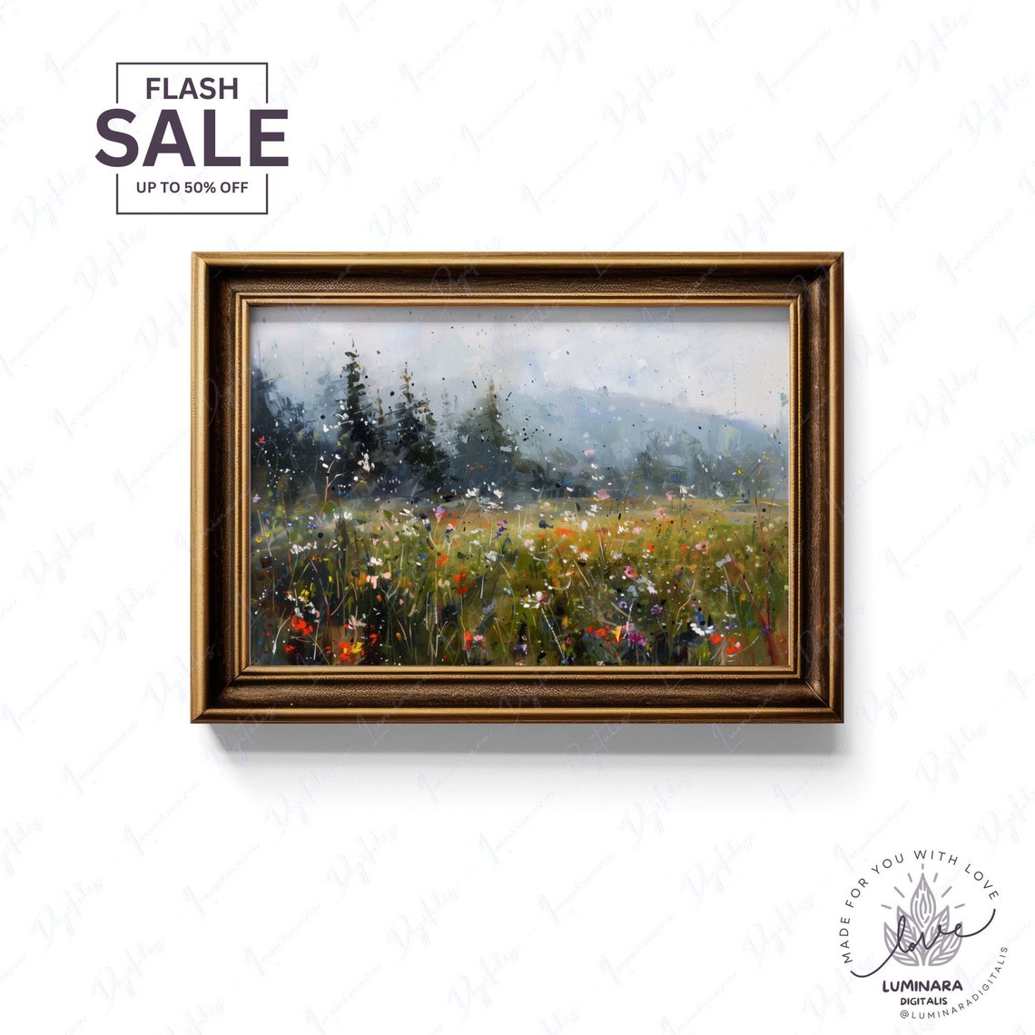 Misty Pine Forest Edge Above A Wildflower Meadow Impressionist Poster - Image 2
