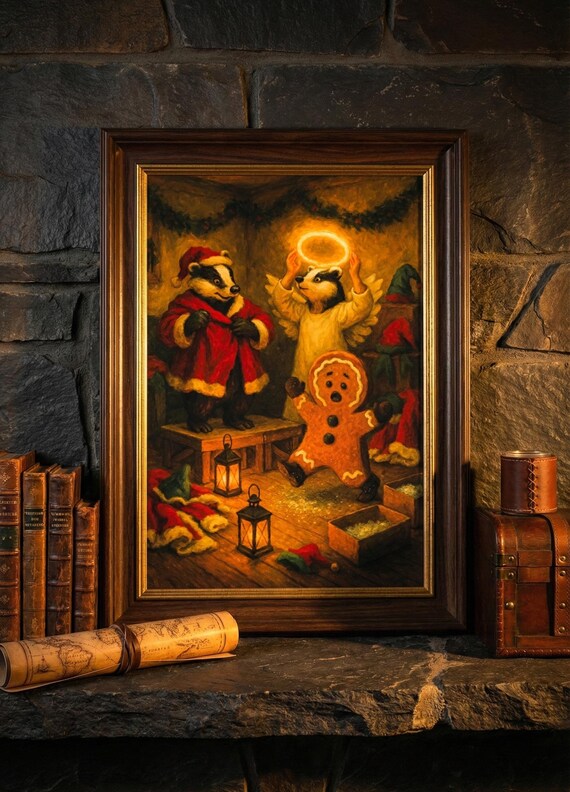 Badger Family in Santa Costumes Vintage Christmas Animal Poster