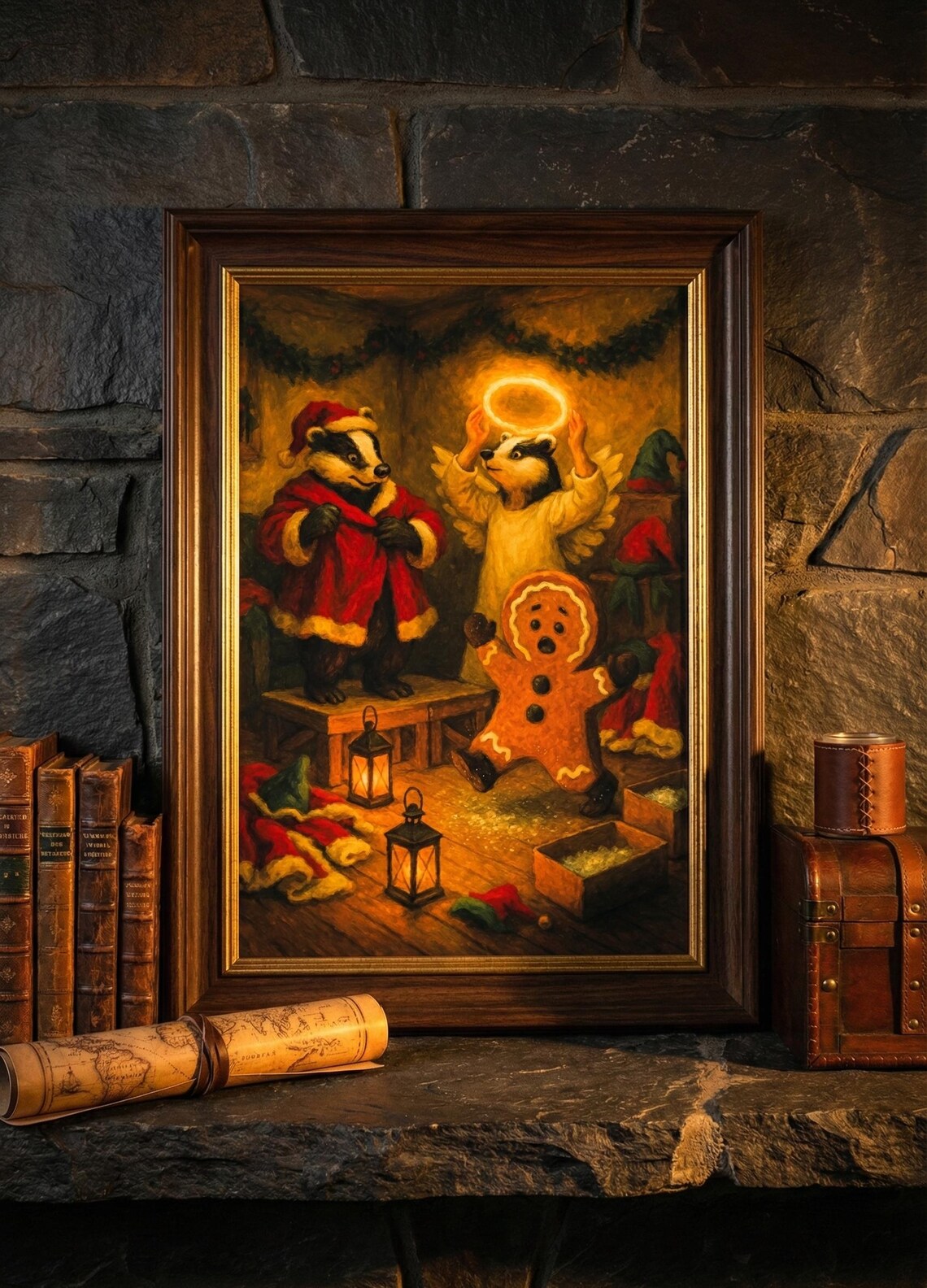 Badger Family in Santa Costumes Vintage Christmas Animal Poster