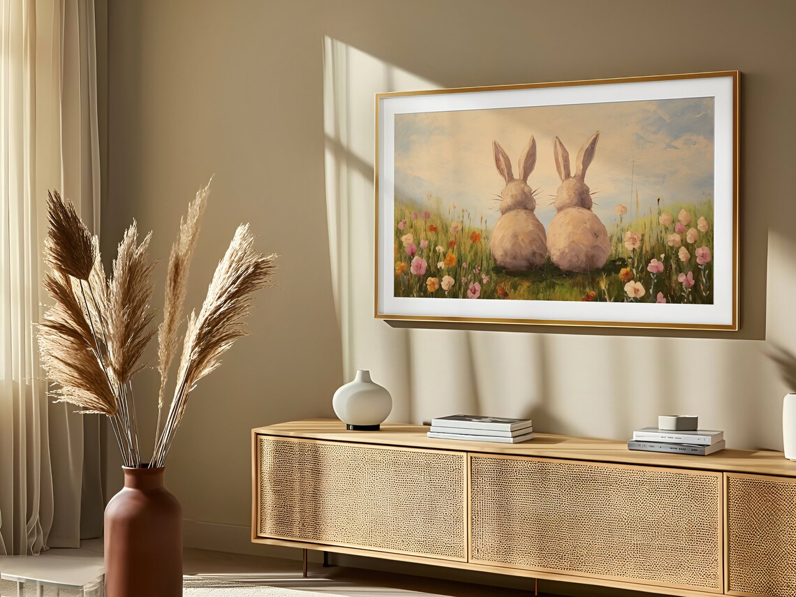 Cute Easter Bunnies Meadow Wildflowers Spring Animal Art Poster - Image 2