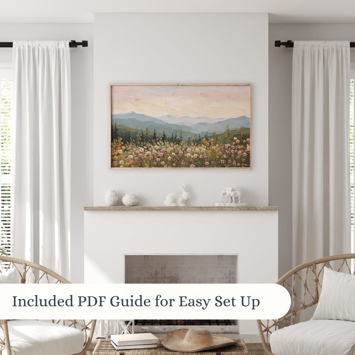 Wildflower Meadow Mountain Sunset Vintage Landscape Oil Poster - Image 3