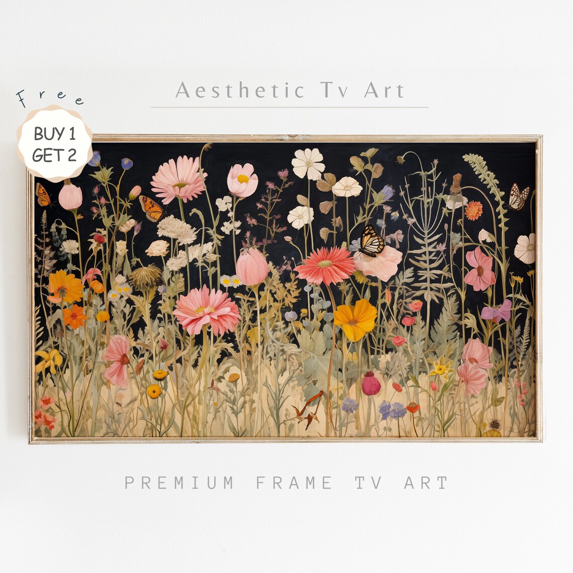 Dark Botanical Wildflower Garden Butterflies Black Background Wall Art