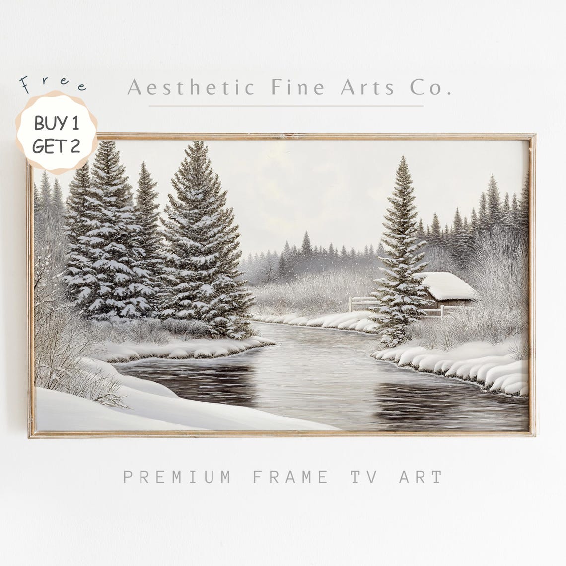 Snowy Winter Forest River Pine Trees Cozy Cabin Christmas TV Art