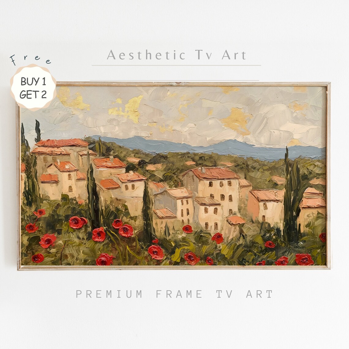 Mediterranean Village Red Poppies Terracotta Rooftops Travel Poster