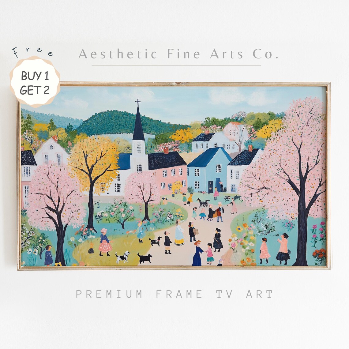 Colorful Spring Village With Church And Blossom Trees Folk Art Poster