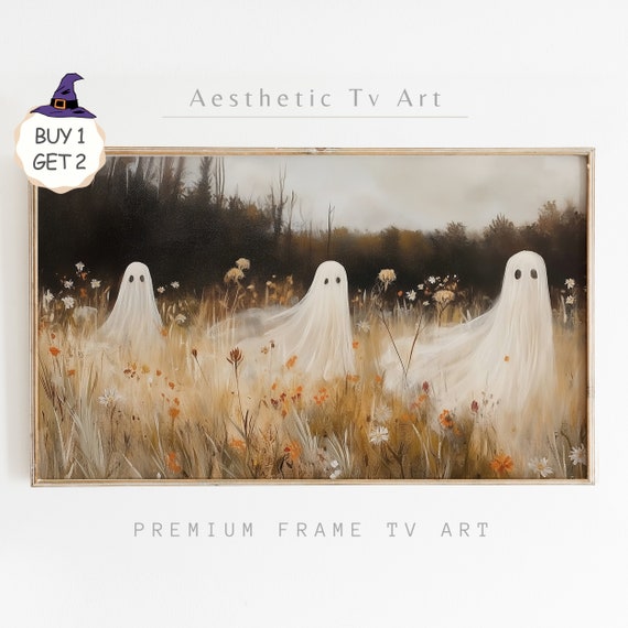 Halloween Frame Tv Art Fall Wildflower Field Cute Ghost Painting Vintage Fall Landscape Halloween Frame Tv Art