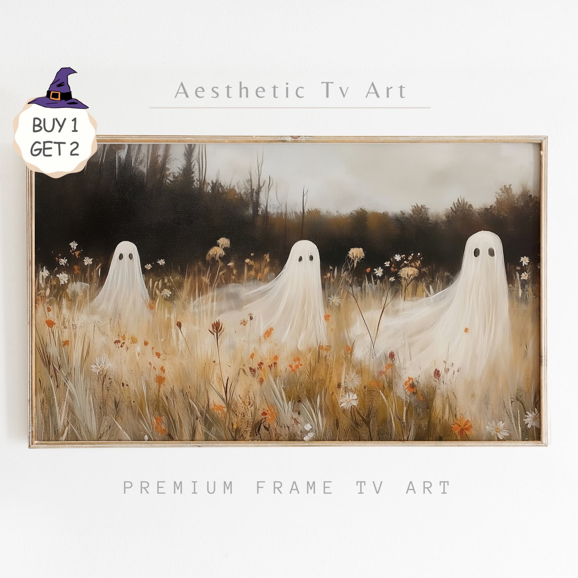 Halloween Frame Tv Art Fall Wildflower Field Cute Ghost Painting Vintage Fall Landscape Halloween Frame Tv Art