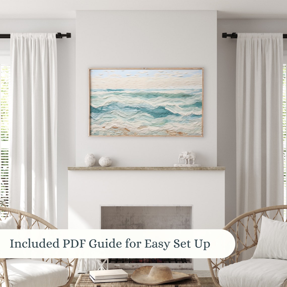 Neutral Abstract Ocean Waves Beige Teal Textured Fiber Art Poster - Image 3