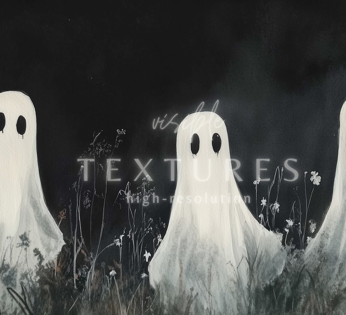 Three Ghosts in Night Wildflower Field Dark Spooky Halloween TV Art - Image 2