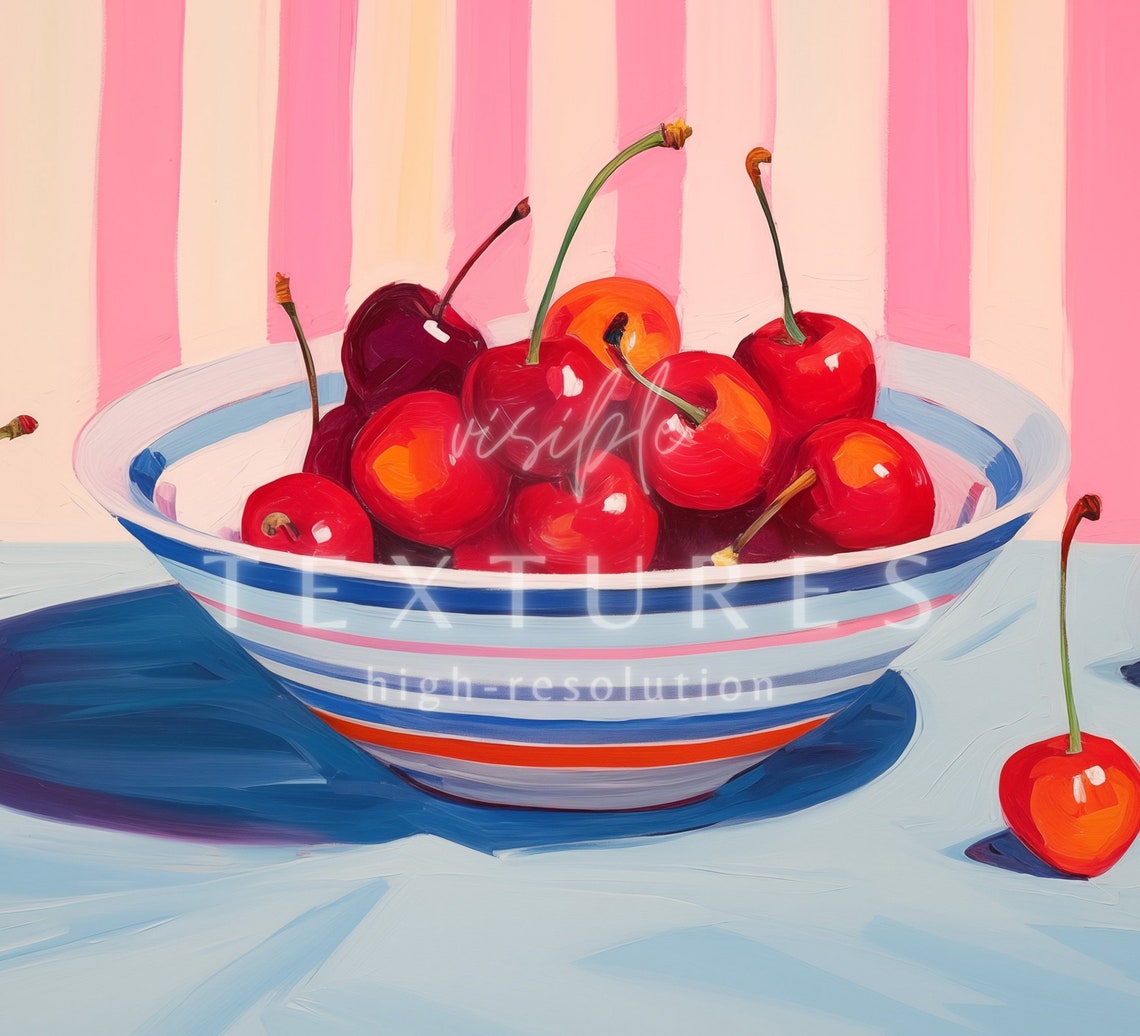 Red Cherries Bowl Still Life Bold Pink Stripes Retro Kitchen Poster - Image 2