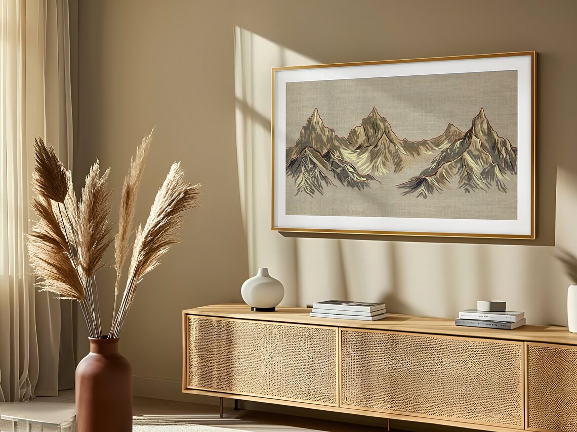 Minimalist Mountain Peaks Line Art Earthy Tones Linen Style Poster - Image 3