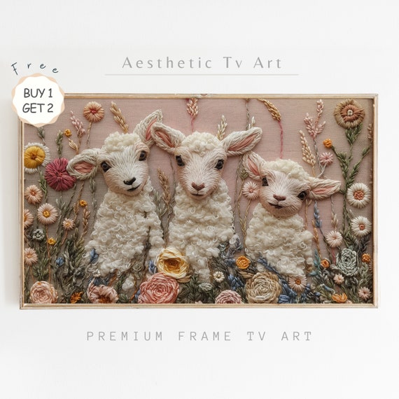Easter Frame Tv Art Colourful Wildflowers Spring Frame Tv Art Embroidery Textured Cute Sheeps Art For Tv Frame Tv