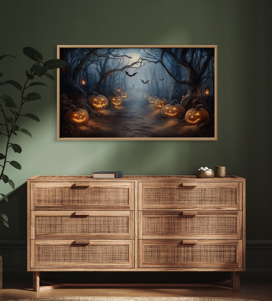 Haunted Forest Path Glowing Jack-O-Lanterns Bats Moonlit Halloween TV Art - Image 3