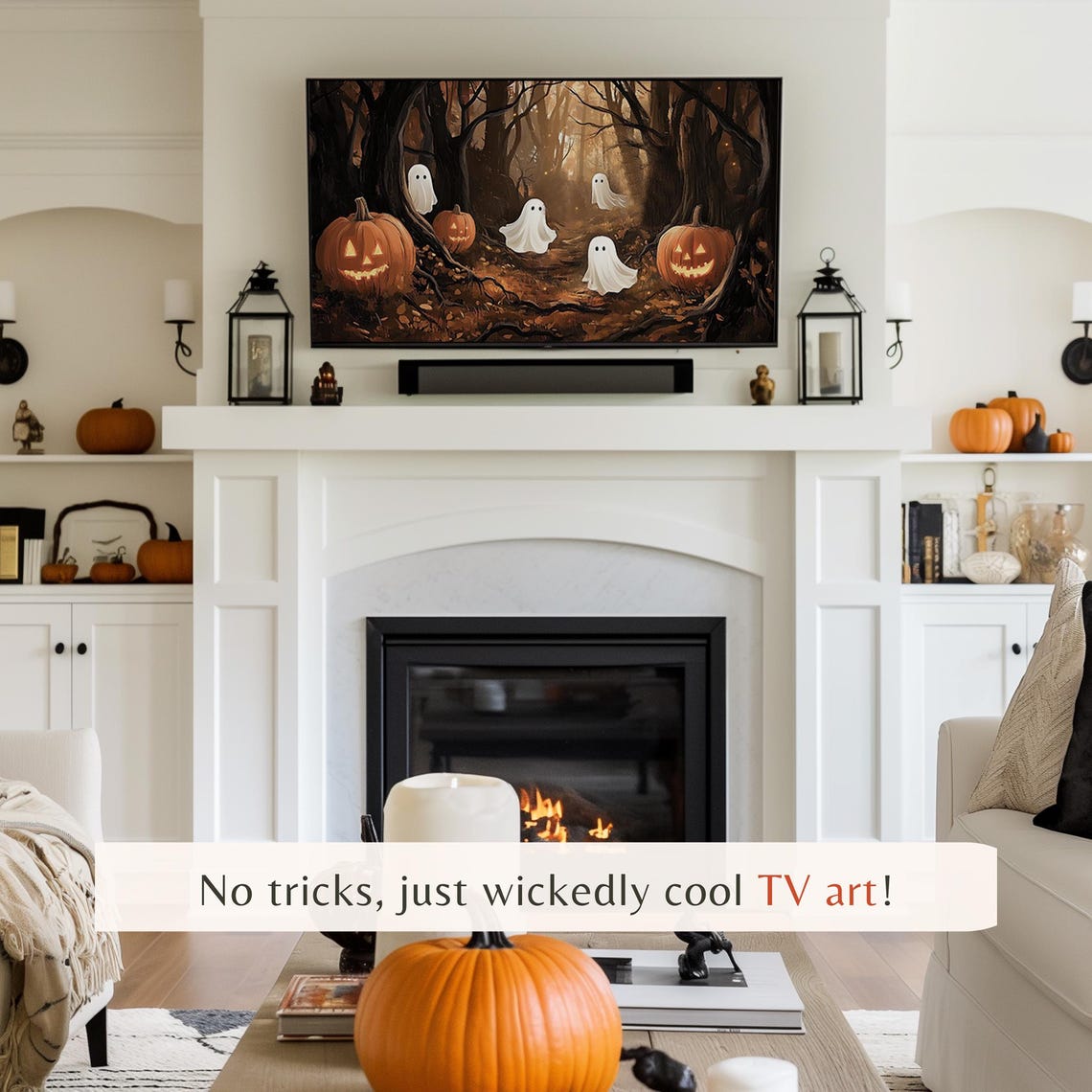 Ghosts in Dark Forest with Glowing Pumpkins Halloween TV Art Poster - Image 3