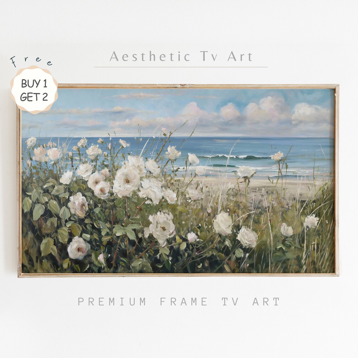 White Coastal Wildflowers Ocean View Beach Cottage Garden Poster