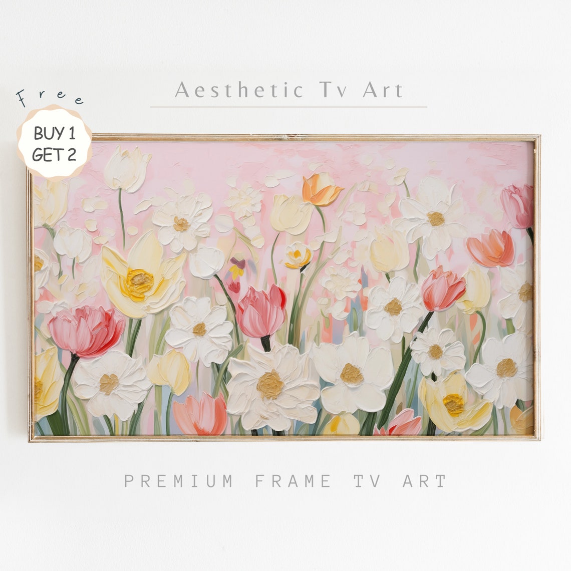 Pink White Impasto Wildflowers Tulips Daisies Textured Art Poster