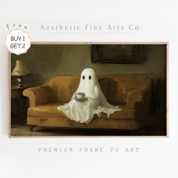 Cute Ghost Drinking Coffee Halloween Frame Tv Art Vintage Ghost Tv Art Spooky Decor For Frame Tv