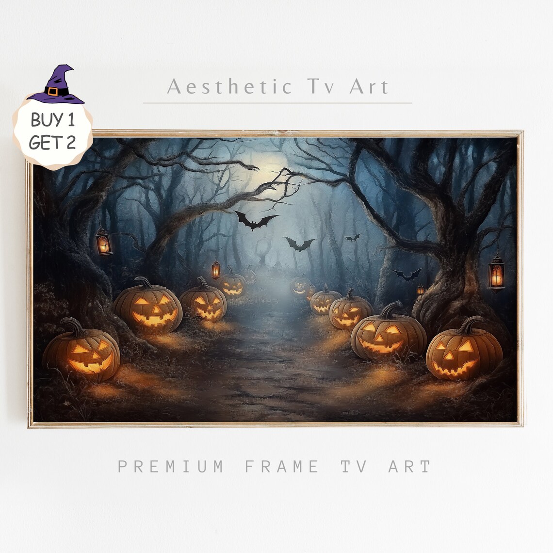 Haunted Forest Path Glowing Jack-O-Lanterns Bats Moonlit Halloween TV Art