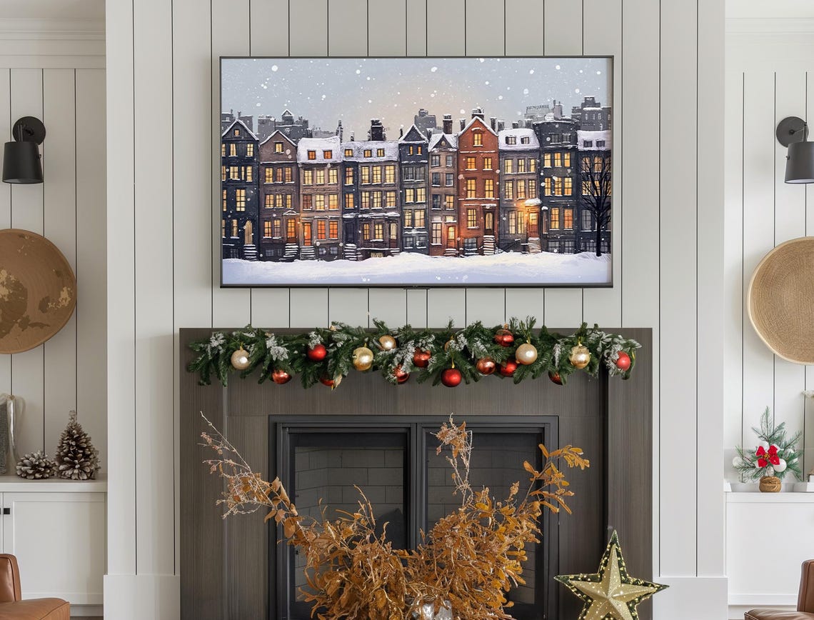 Snowy City Row Houses Lit Windows Winter Night Christmas TV Art - Image 3