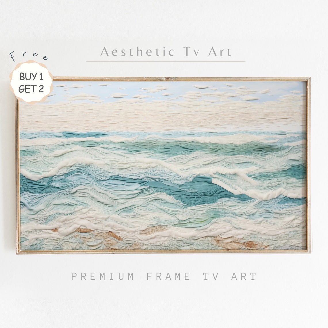 Neutral Abstract Ocean Waves Beige Teal Textured Fiber Art Poster