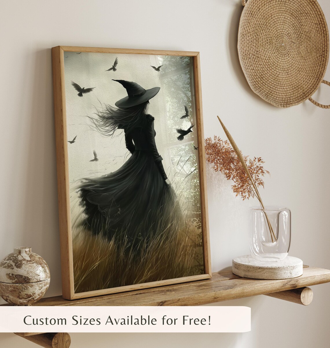 Elegant Witch Silhouette In Golden Field With Crows Halloween Art Poster - Image 3