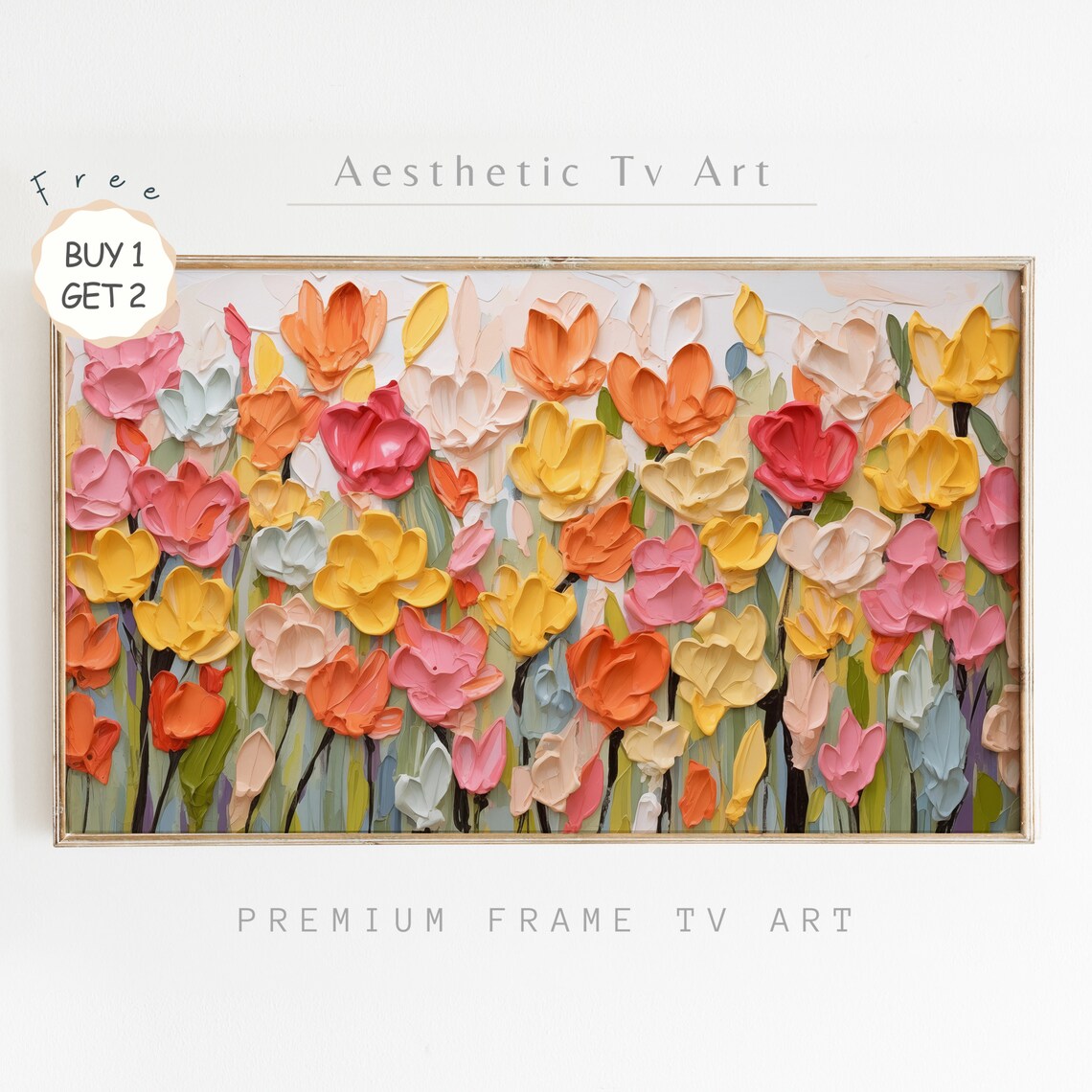Colorful Tulip Impasto Oil Painting Textured Spring Wildflowers Poster