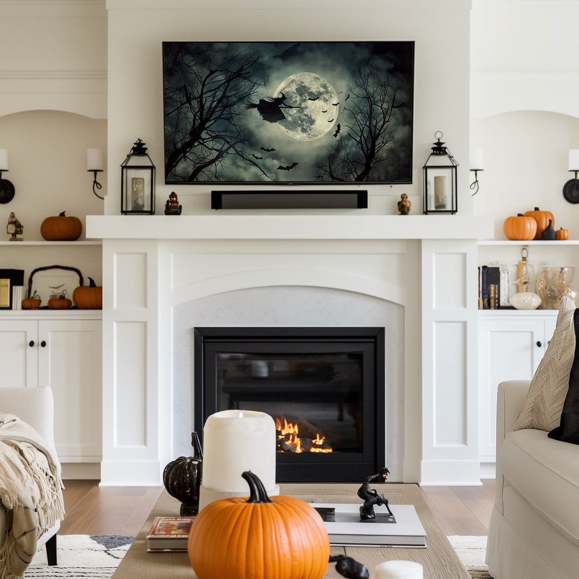 Witch Flying Broom Full Moon Bats Bare Trees Spooky Halloween Poster - Image 3