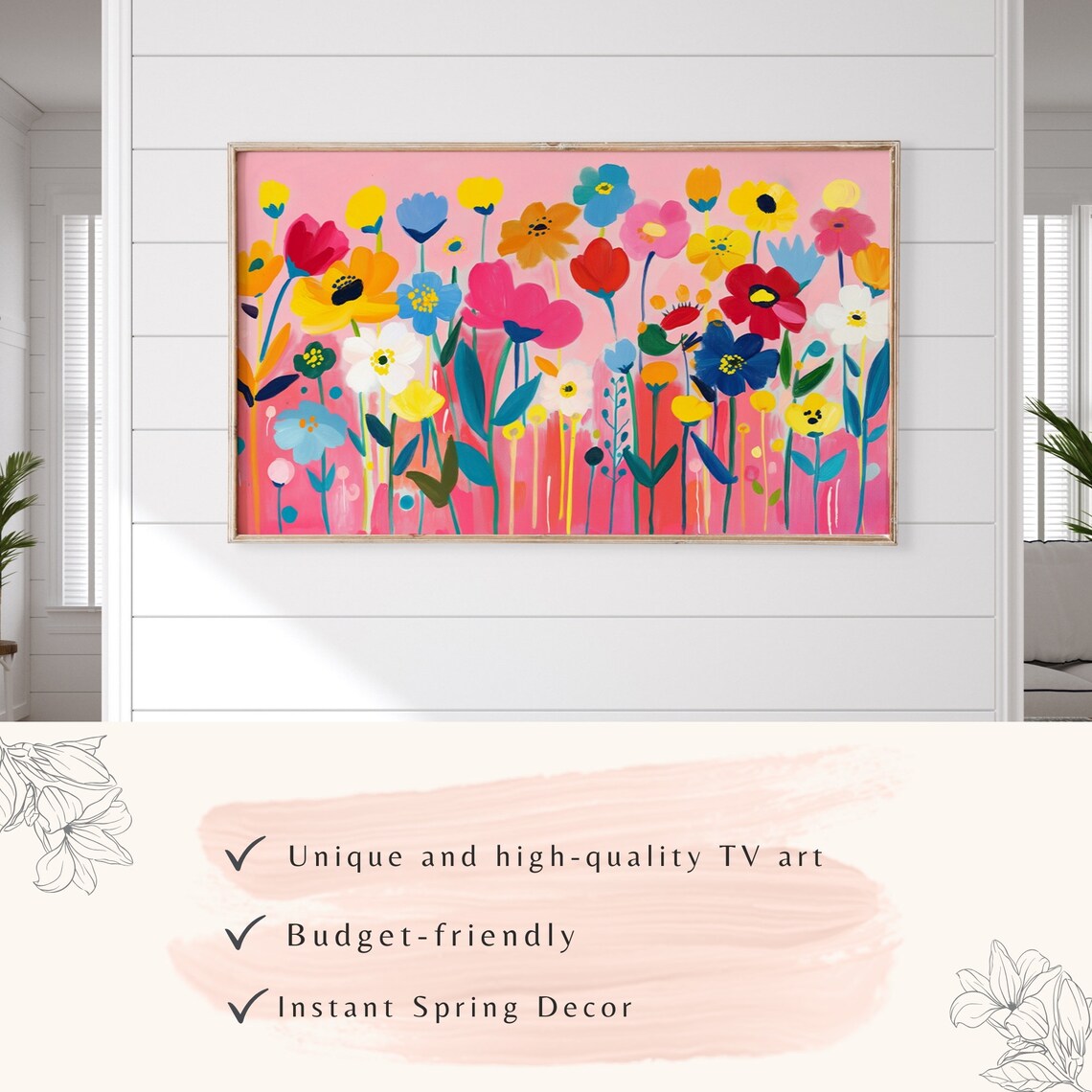 Whimsical Colorful Flower Garden Bright Pink Folk Art Wall Poster - Image 3