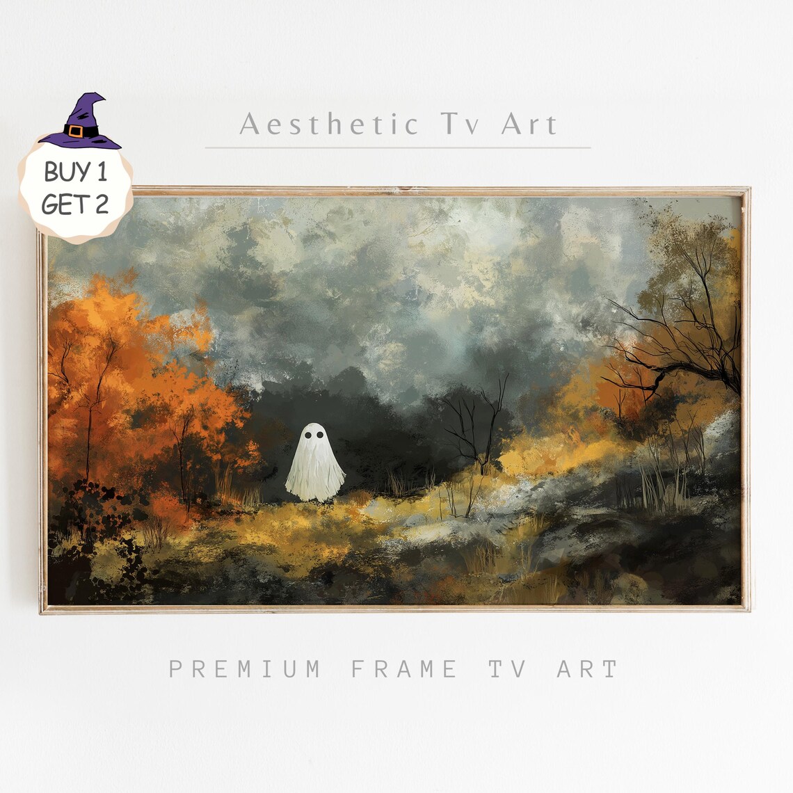 Cute Ghost In Autumn Forest Halloween Frame Tv Art Spooky Moody Rustic Fall Decor For Frame Tv Halloween Art