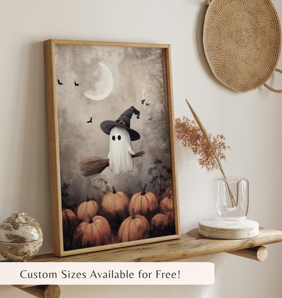 Cute Ghost In Witch Hat Flying On Broom Over Pumpkin Patch Poster - Image 4