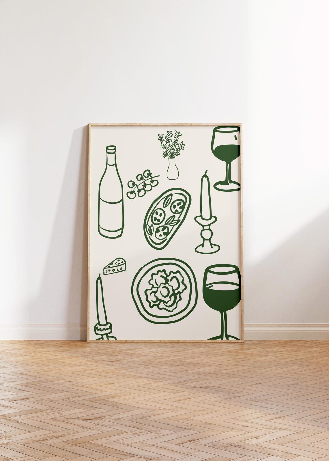 Forest Green Dinner Table Line Art Wine Pasta Retro Kitchen Poster