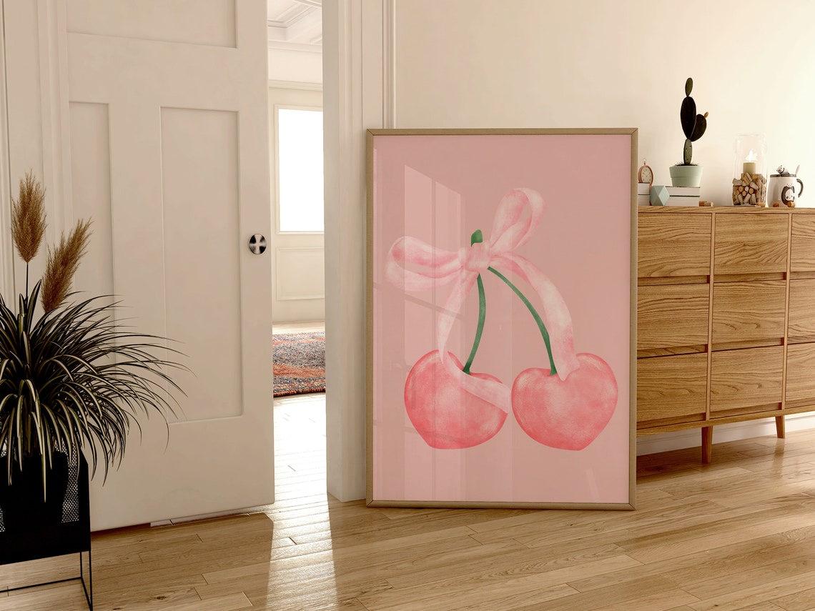 Blush Pink Cherry Bow Watercolor Art Print Coquette Wall Art Poster