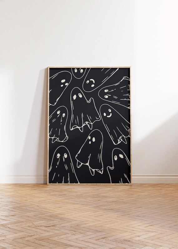 Trendy Black White Cute Ghost Doodle Spooky Halloween Poster