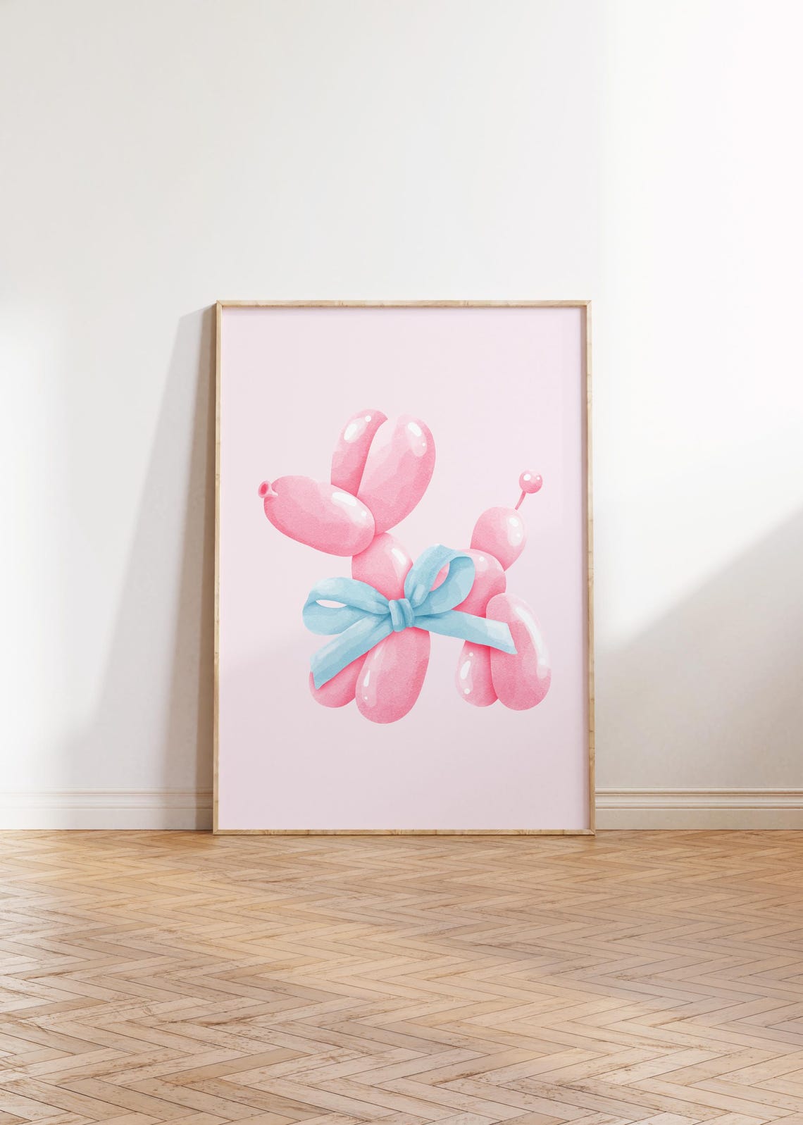 Pink Balloon Dog Blue Bow Watercolor Sweet Nursery Party Poster