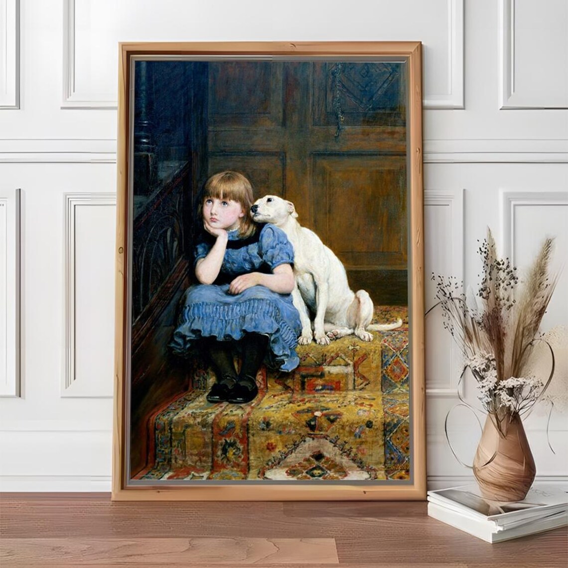 Little Girl Comforted By White Dog Victorian Oil Painting Art Poster - Image 2