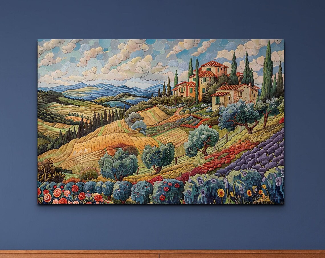Tuscan Hillside Villa Vineyard Mosaic Style Italian Countryside Print