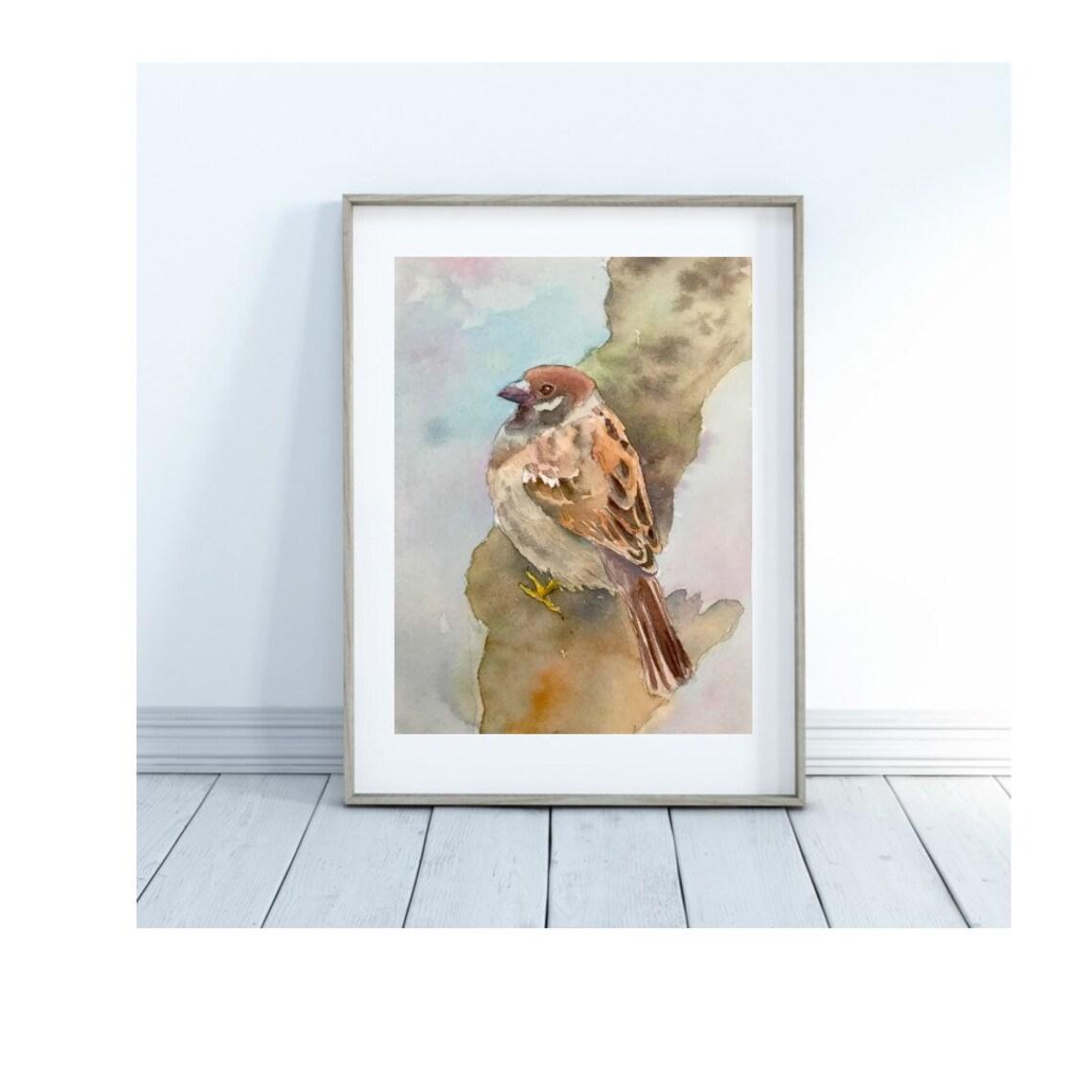 House Sparrow Perched on Branch Watercolor Garden Bird Poster - Image 3