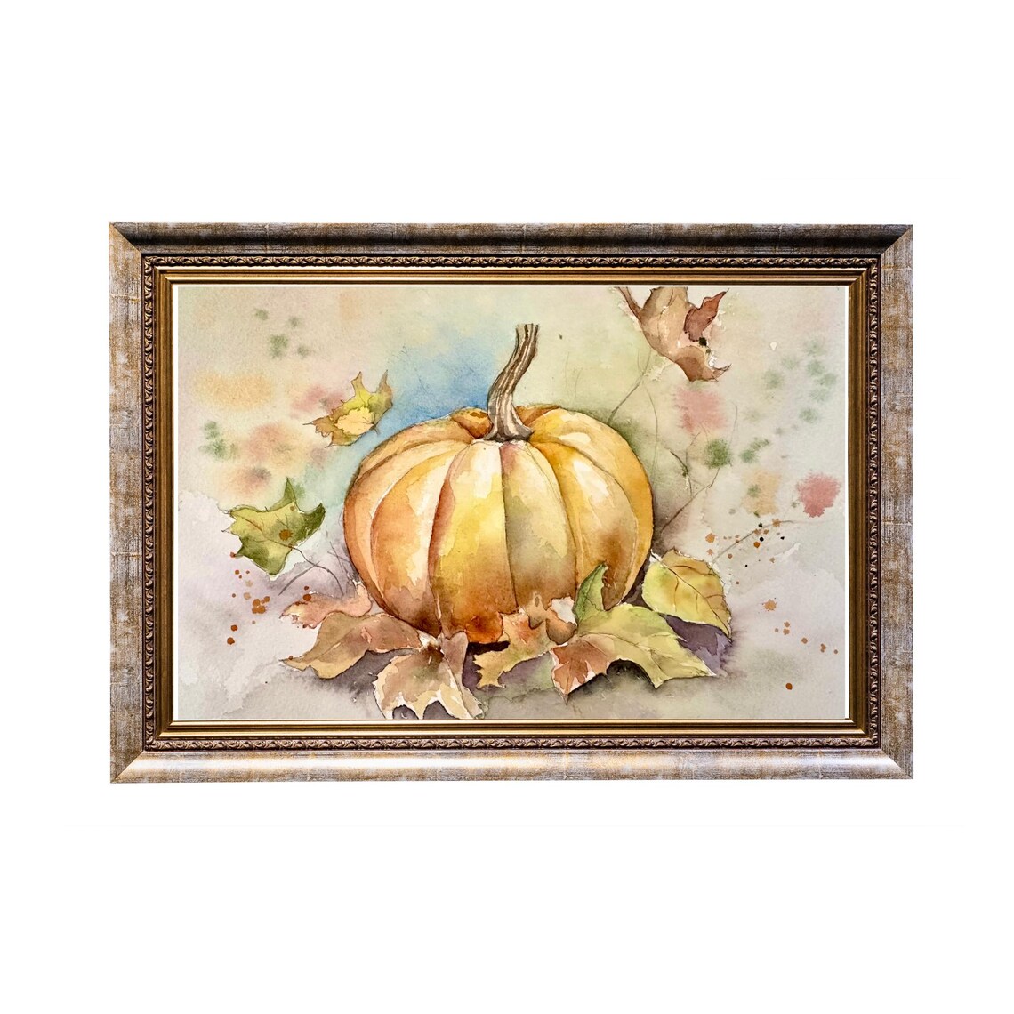 Golden Harvest Pumpkin with Falling Autumn Leaves Watercolor Poster - Image 5