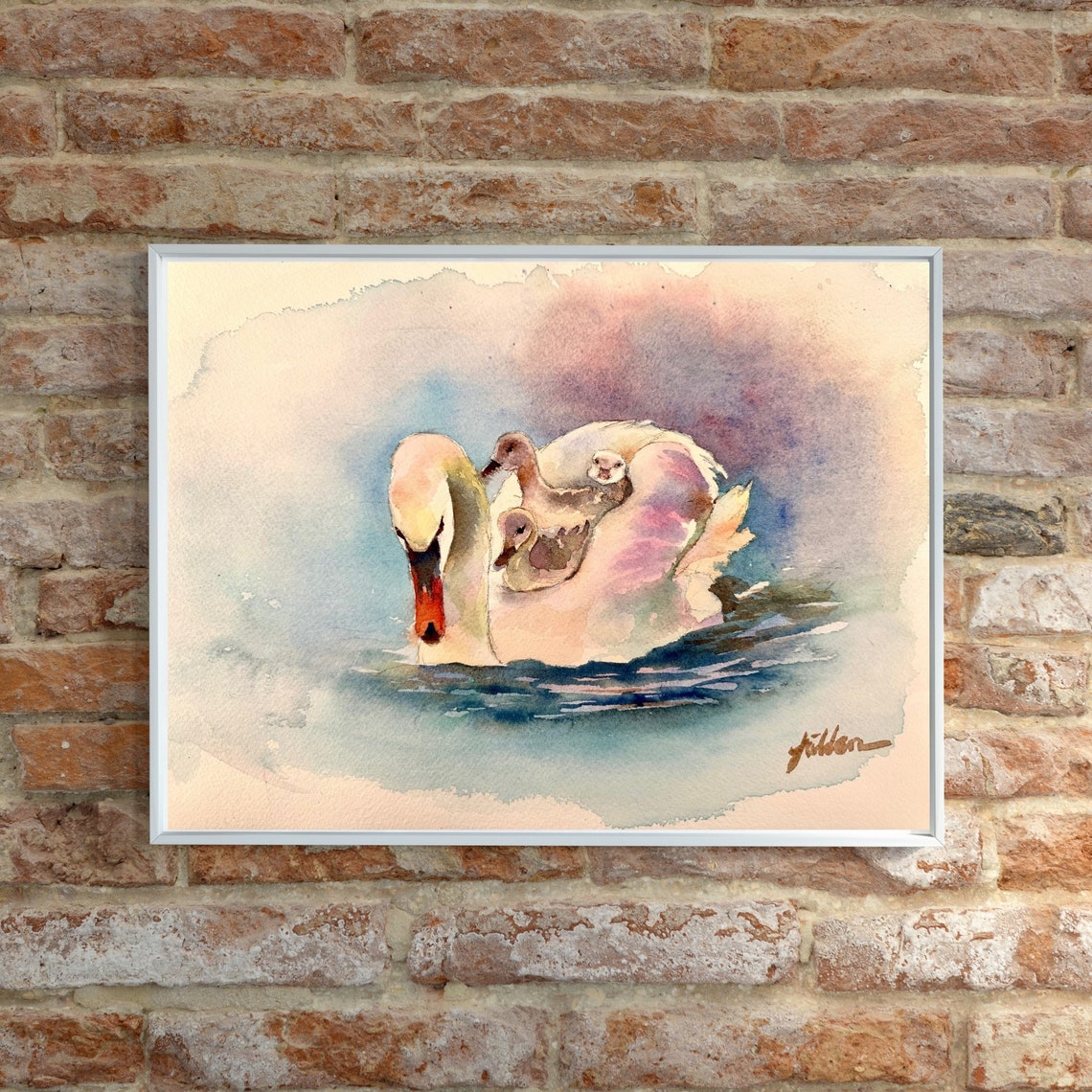 Swan Original Watercolor Painting White Swan Painting Aquarelle Mother Day Gift White Swan Lake Mother Swan With Her Babies 8x12 In - Image 3