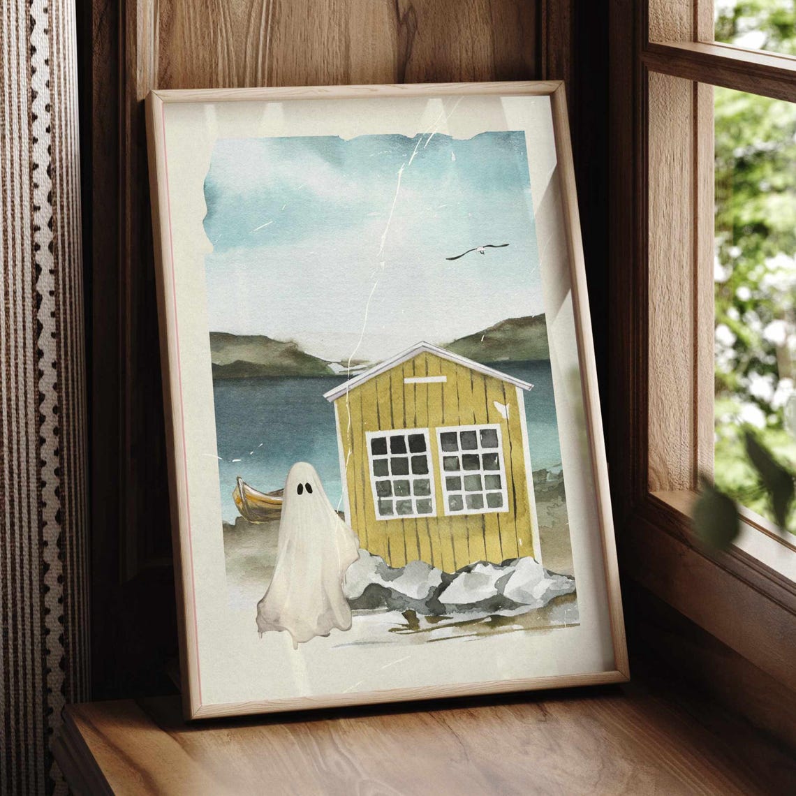 Cute Ghost Beach Hut Poster Halloween Watercolor Coastal Spooky Decor