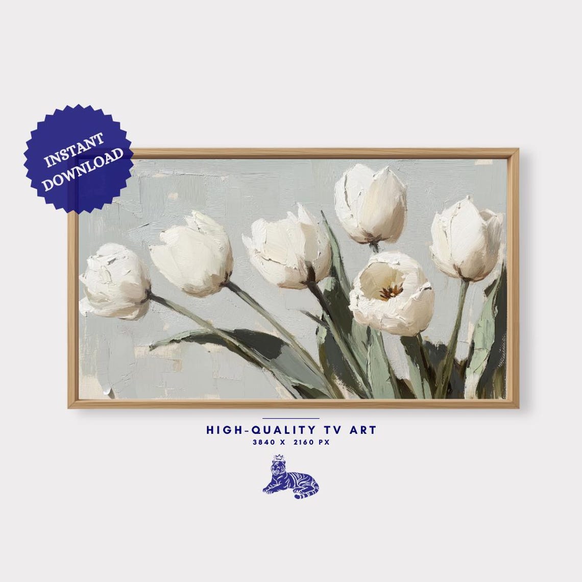 White Tulips Impasto Oil Painting Soft Gray Background Elegant Print - Image 3