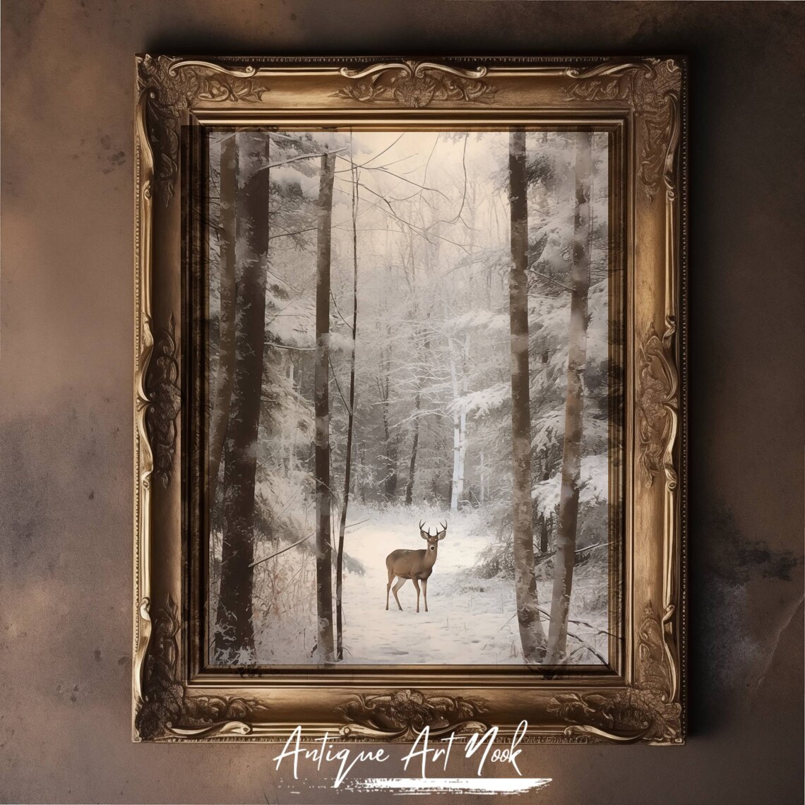 Deer Standing in a Snowy Birch Forest Winter Landscape Poster - Image 2