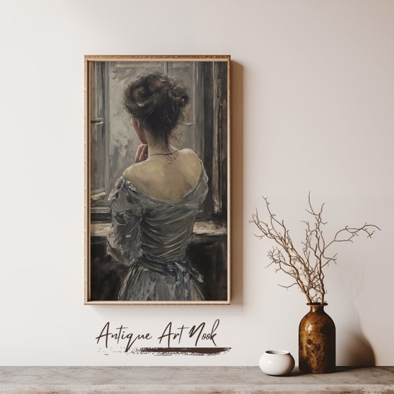 Woman By Window Vintage Painting Antique Wall Art Woman In White Oil Painting Vintage Style Decor Moody