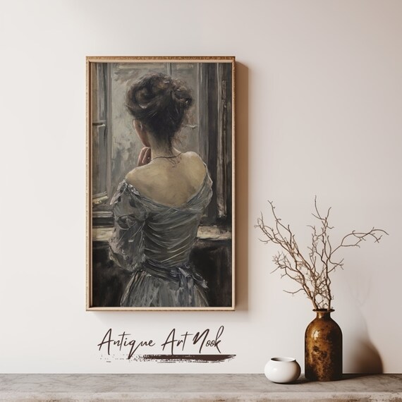 Woman in White Gown by Window Vintage Portrait Painting Poster
