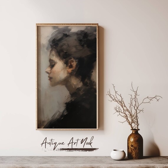 Moody Woman in Profile Loose Brushstroke Oil Portrait Painting Poster
