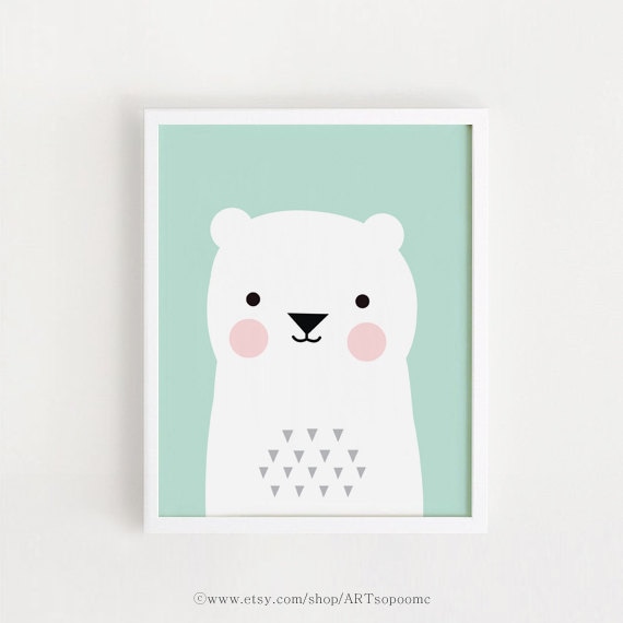 Cute Polar Bear Mint Green Minimalist Kids Nursery Room Art Poster