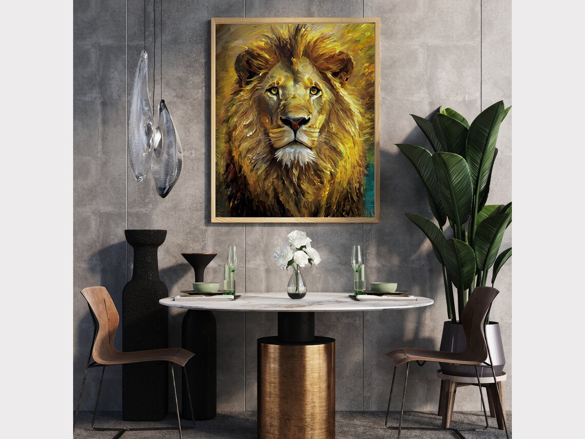 Golden Lion Portrait Textured Oil Painting Regal Wildlife Home Decor Poster - Image 3
